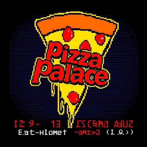 Pixelated slice of pizza with and ,  featuring a teletext-style logo saying “” in bold pixel font. Include a playful fake...