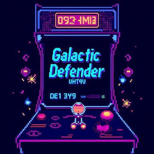 pixelated arcade cabinet featuring a character battling in a neon-lit space setting? Include a retro-style screen displayi...