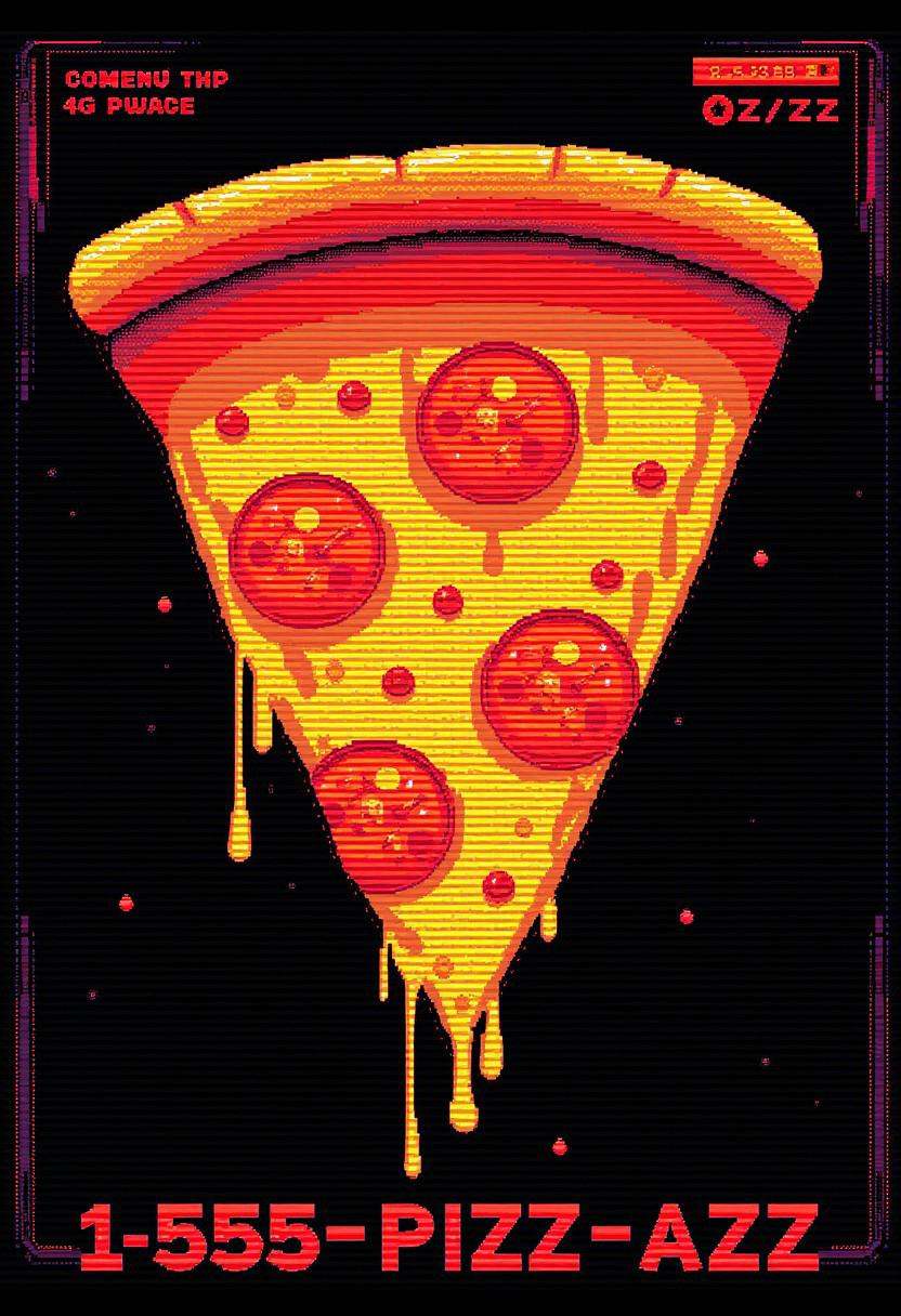Pixelated slice of pizza with and ,  featuring a teletext-style logo saying “” in bold pixel font. Include a playful fake...