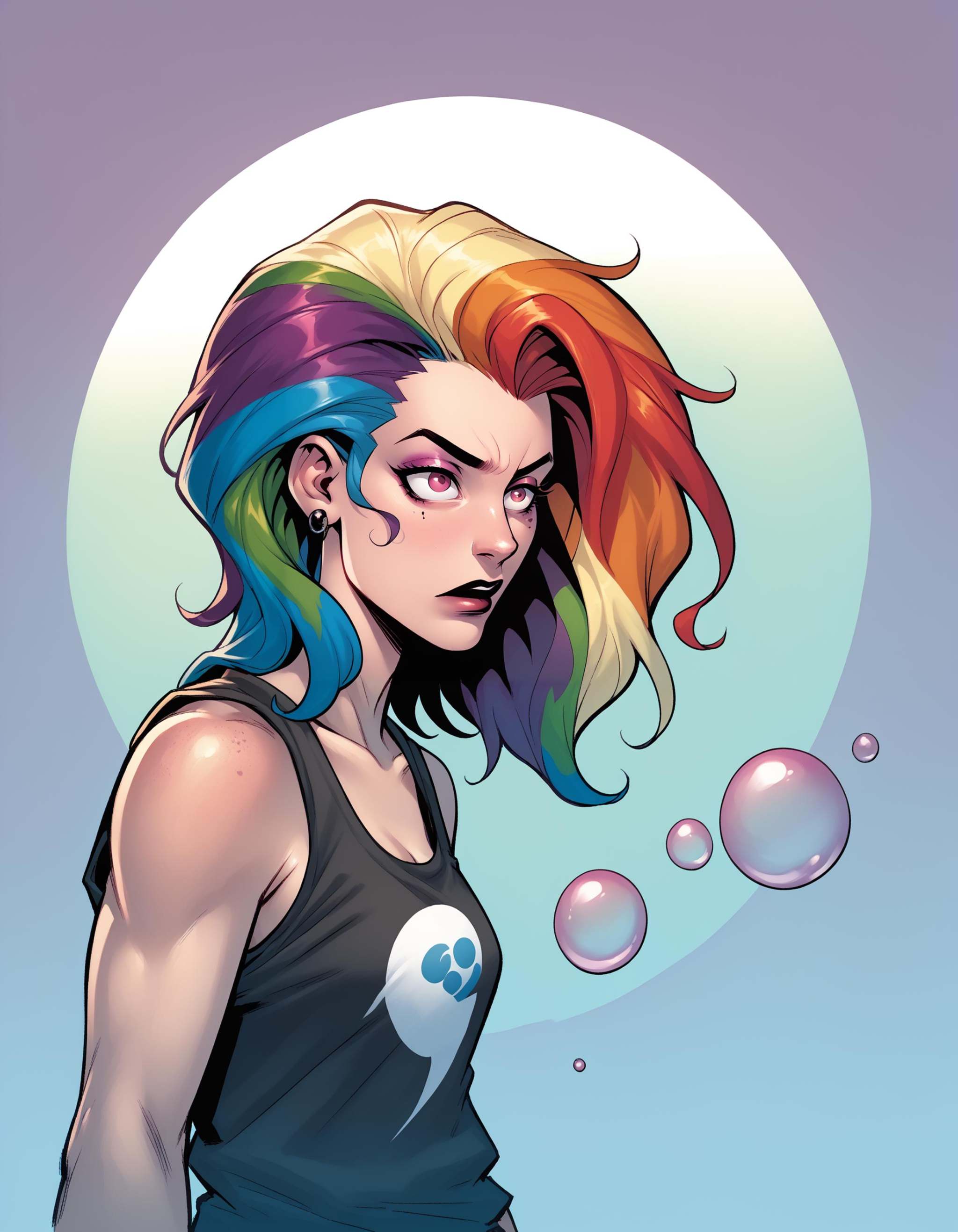 Ringo! Style,  drunken beautiful woman as delirium from sandman,  (hallucinating colorful soap bubbles) on Tensor.Art