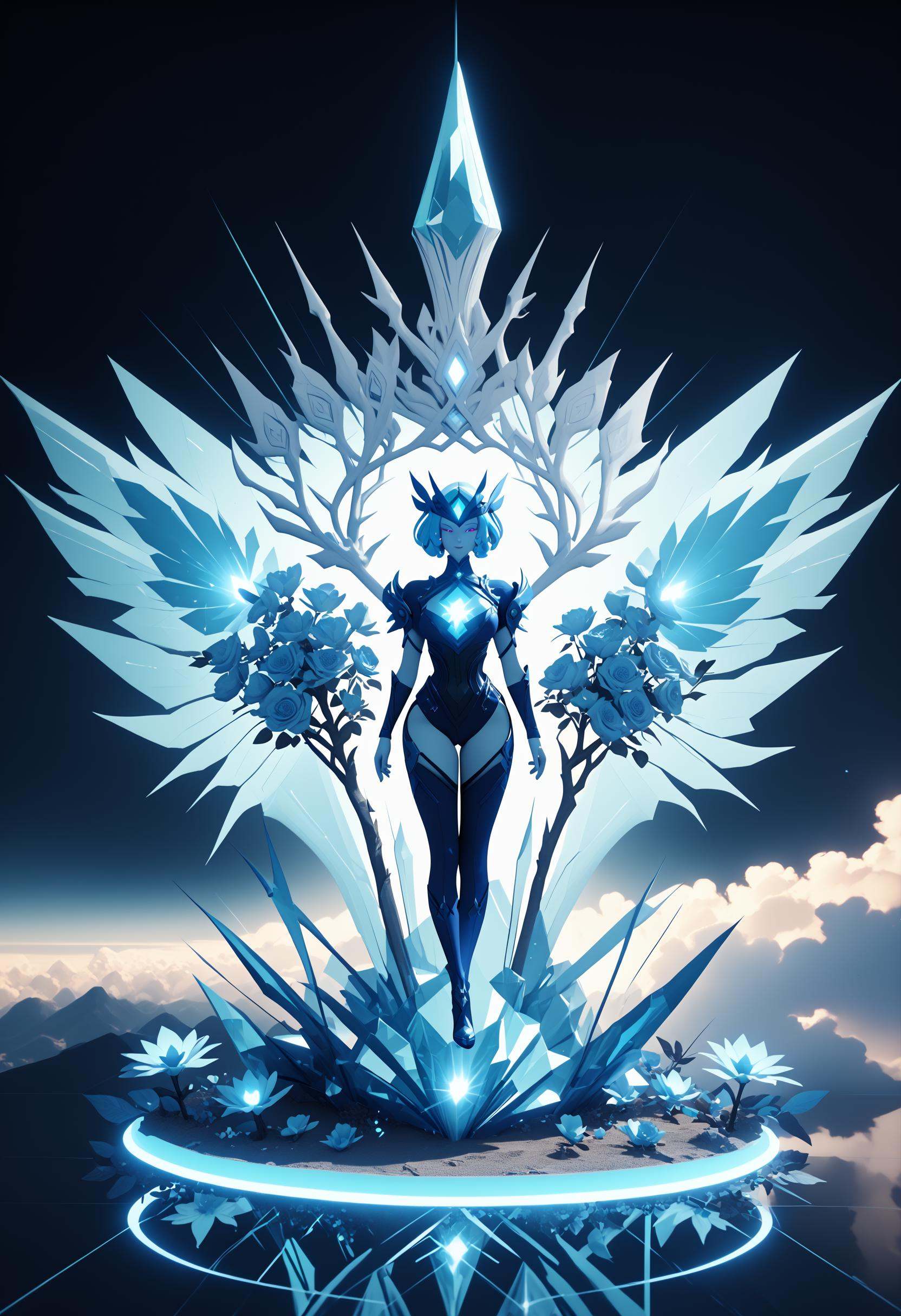 an massive shiny crystal glass tower in an ethereal alien landscape surrounded by glowing flowers crystals,  a sapphire sk...
