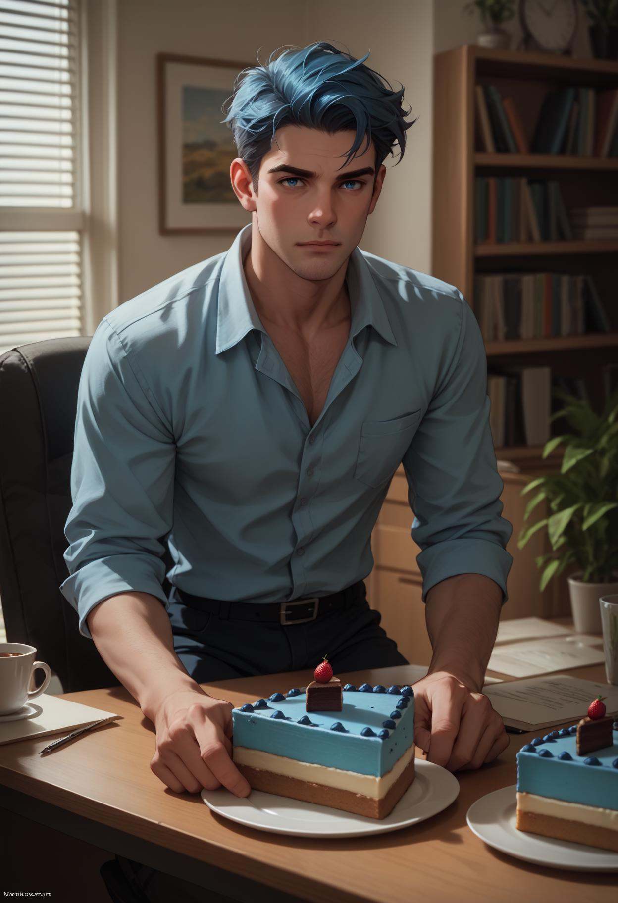 PonyXLV6_Scores 1boy,  male focus,  Justin Maier staring a slice of glitched out blue cake that's turned blue in the Civit...