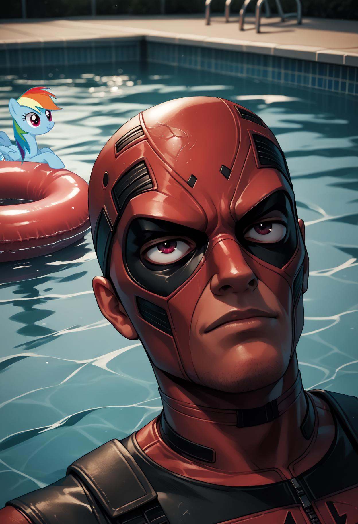 PonyXLV6_Scores source_anime,  source_pony,  deadpool laying face down in a swimming pool on Tensor.Art