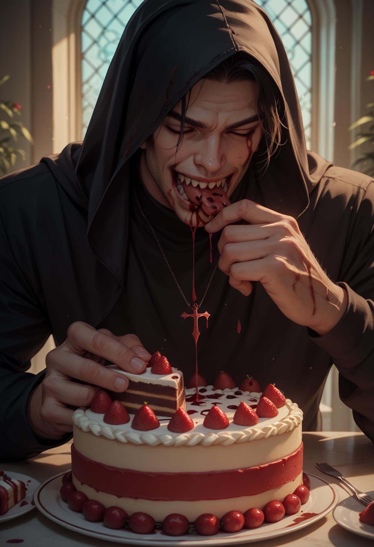 PonyXLV6_Scores 1boy,  male focus,  the evil lord Jesus Christ eating a slice of bloody cake that's turned blue in the Net...
