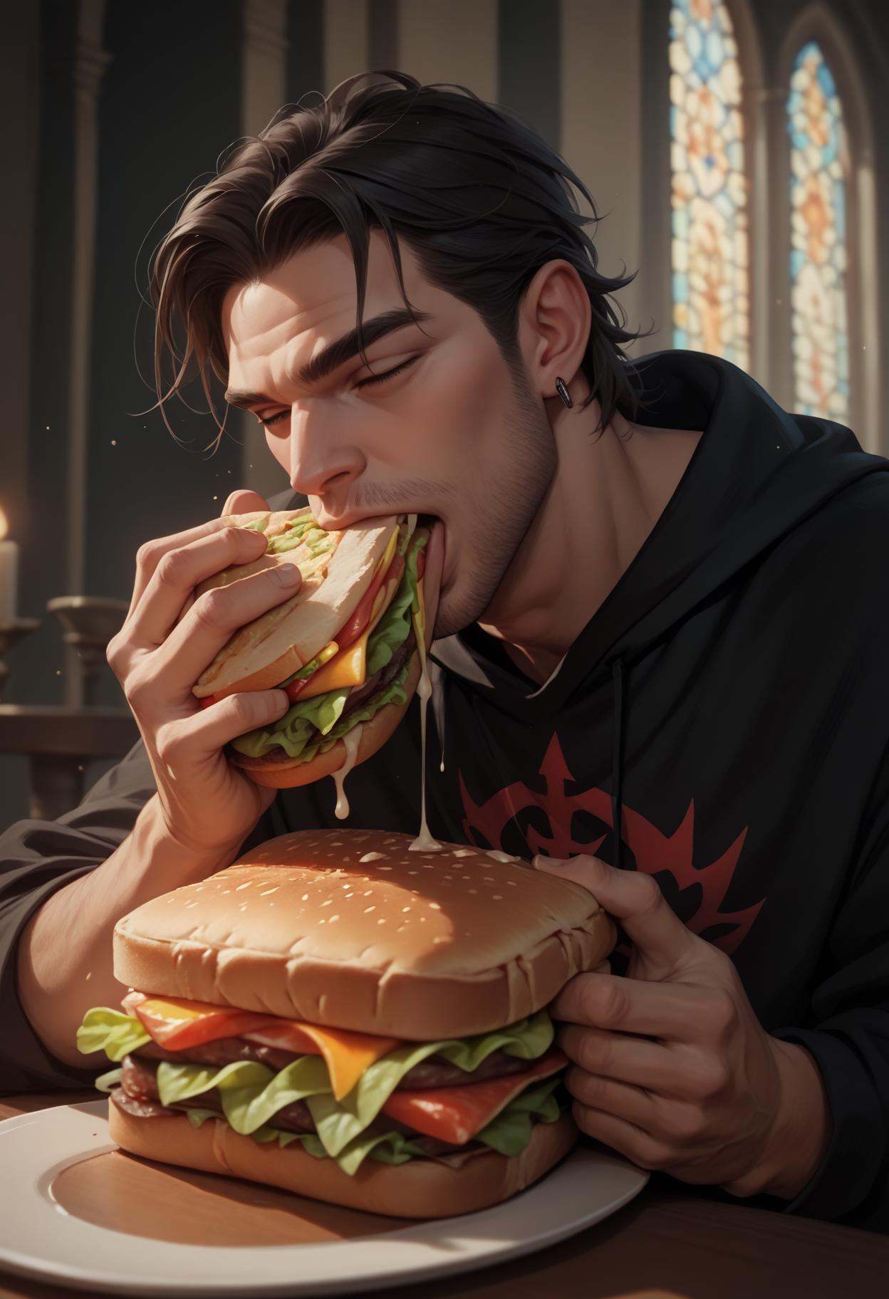 PonyXLV6_Scores 1boy,  male focus,  the evil lord Jesus Christ eating a sandwich in the Netherlands in the middle of a hot...