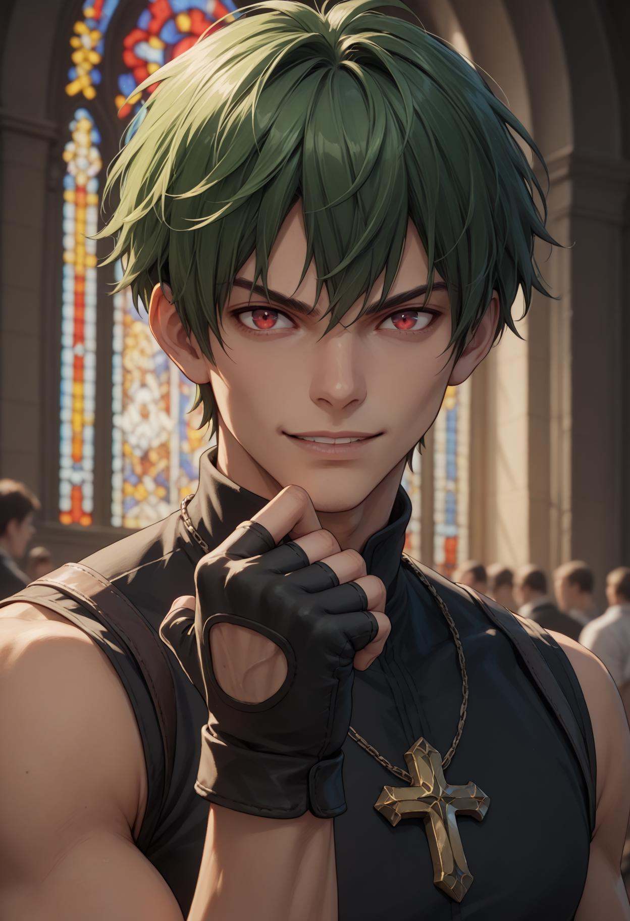 PonyXLV6_Scores BREAK red eyes,  church background,  male focus on Tensor.Art