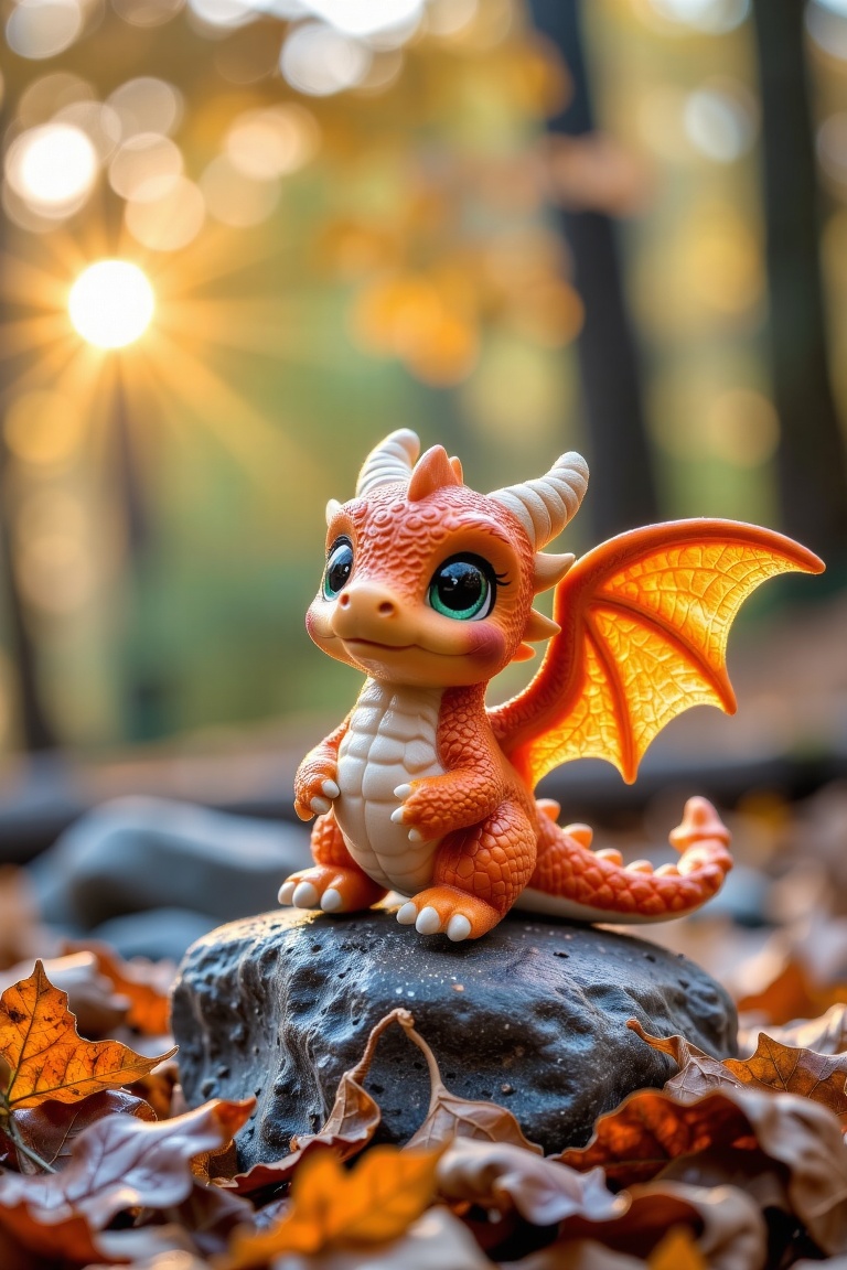 The image shows a small,  adorable dragon figurine sitting on a rock. The dragon has large,  expressive eyes and is covere...