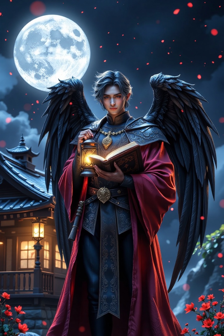 A mystical scene unfolds: a handsome angel with dark features and delicate black wings stands before a full moon-lit night...