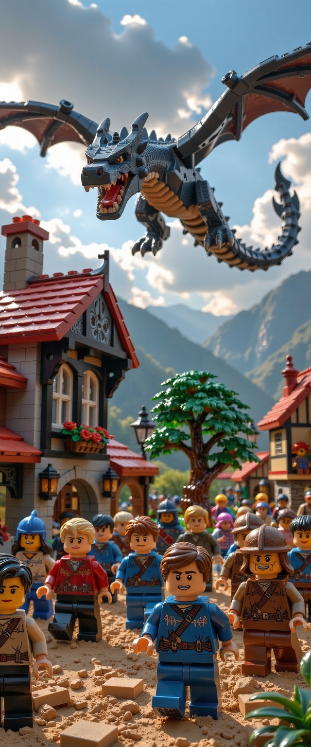 A LEGO medieval village with a dramatic scene in the foreground: a group of LEGO minifigures with panicked expressions run...