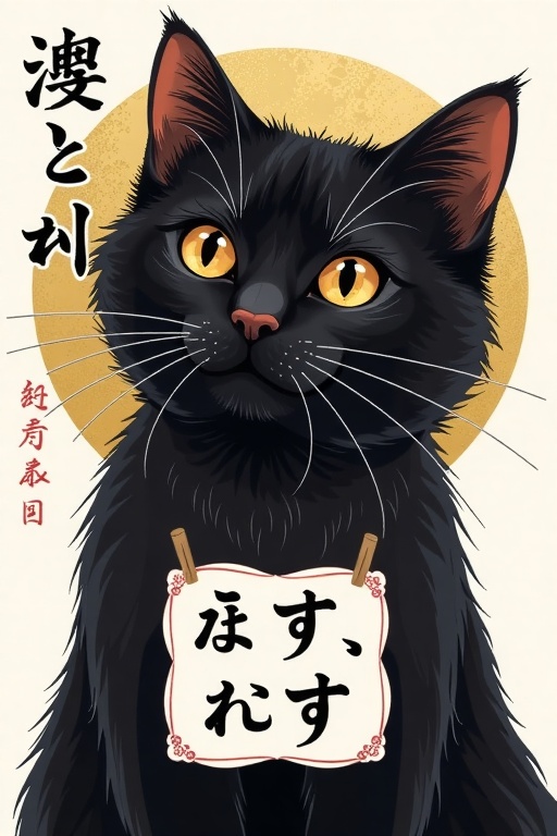 black cat with Japanese letters underneath it saying cat in Japanese,  golden texture behind the cat on Tensor.Art