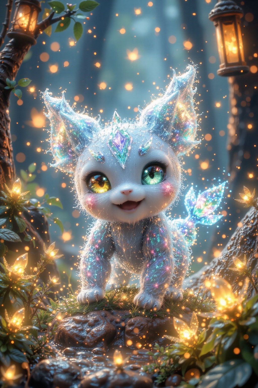 In this whimsical anime-inspired scene,  a diminutive Pokémon monster emerges from a sea of twinkling fireflies,  its irid...