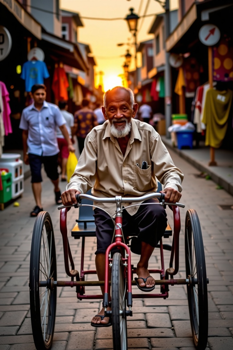 A elderly grandfather pedals a rickshaw through a traditional market street at sunset. His worn face shows signs of exhaus...