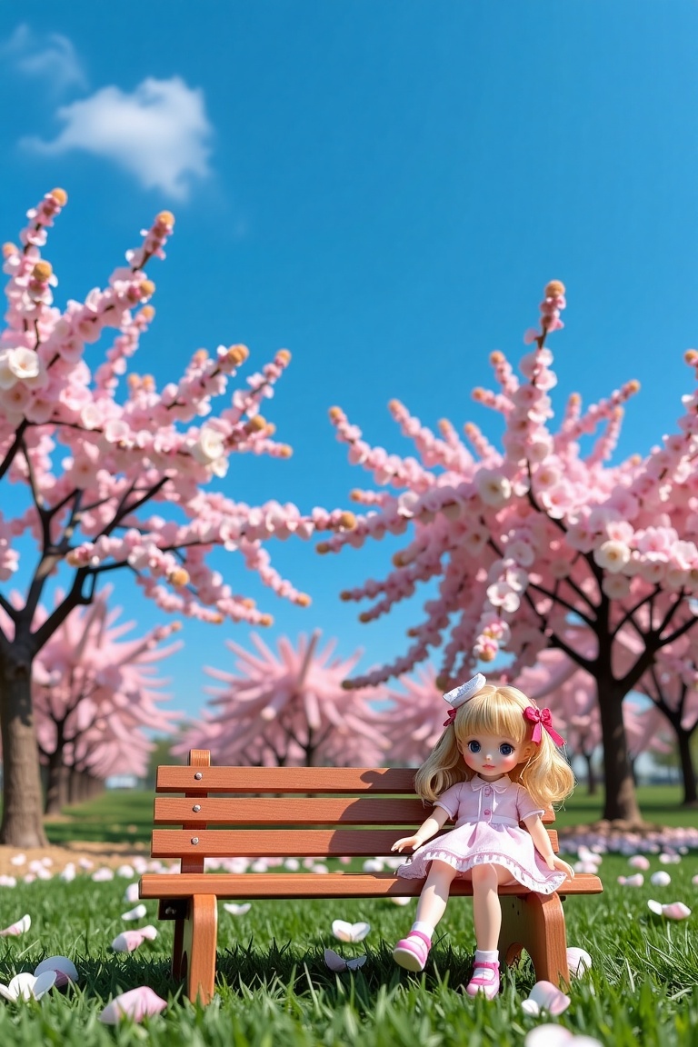 Vibrant blue sky with a backdrop of stunning cherry blossom trees,  their delicate petals scattered across the lawn. A few...