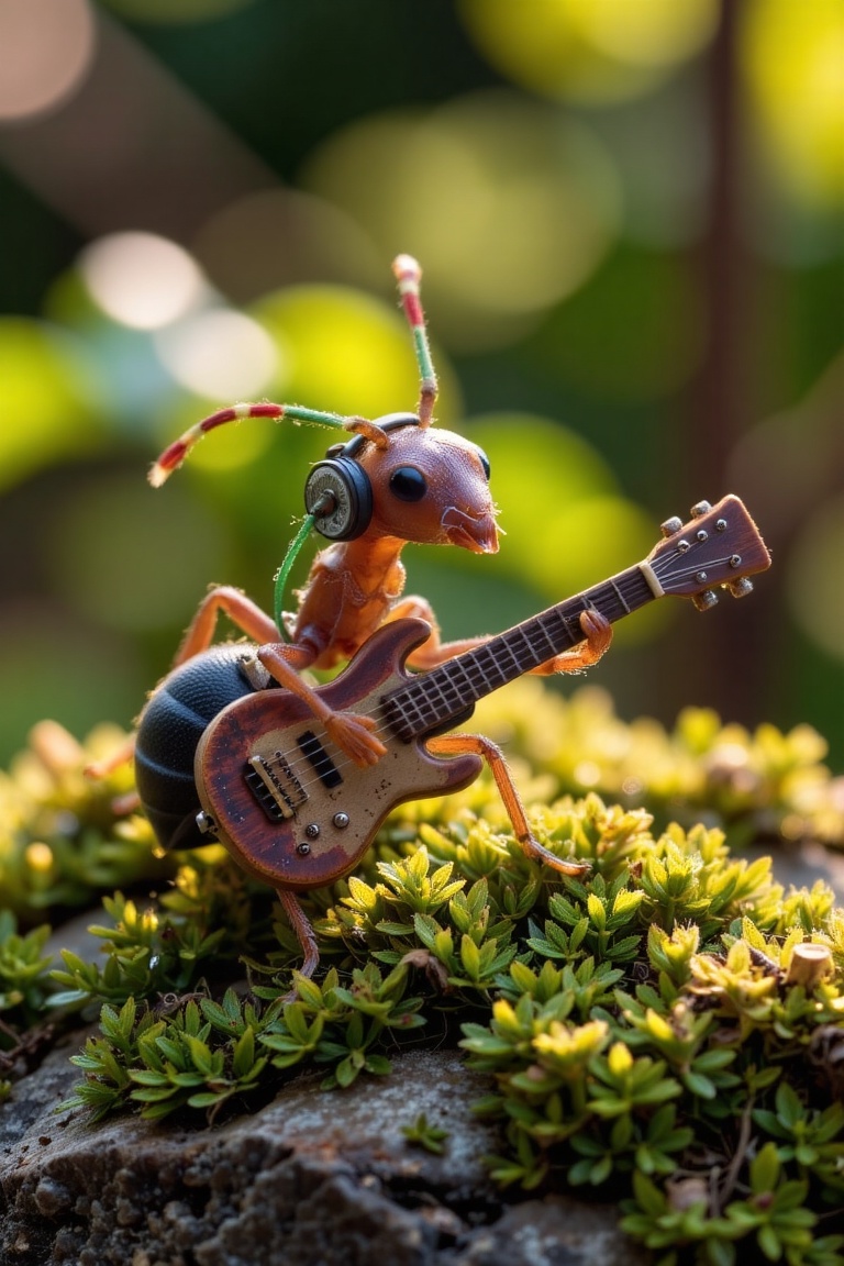 an ant,  an intricately detailed ant with shiny exoskeleton,  wearing a miniature headphone with colorful cords on Tensor.Art