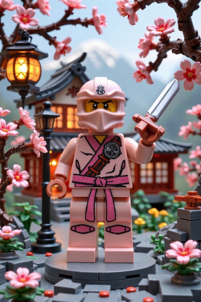A heroic ninja figure,  constructed from gleaming white and pink Lego bricks,  stands triumphantly holding a sword amidst...