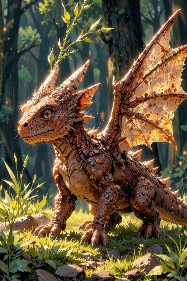 The baby dragon has a body adorned with bark-like scales,  resembling the rugged texture of tree bark. Its wings are veine...