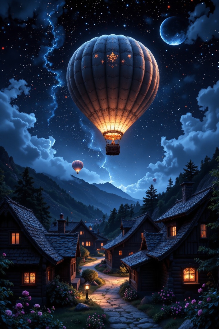 The image depicts a serene nighttime scene with a hot air balloon floating above a quaint village. The sky is filled with...