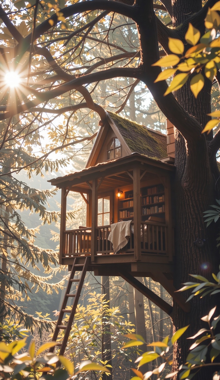 Nestled high among the swaying branches,  the treehouse harmonizes with the lush forest canopy,  its frame crafted from we...