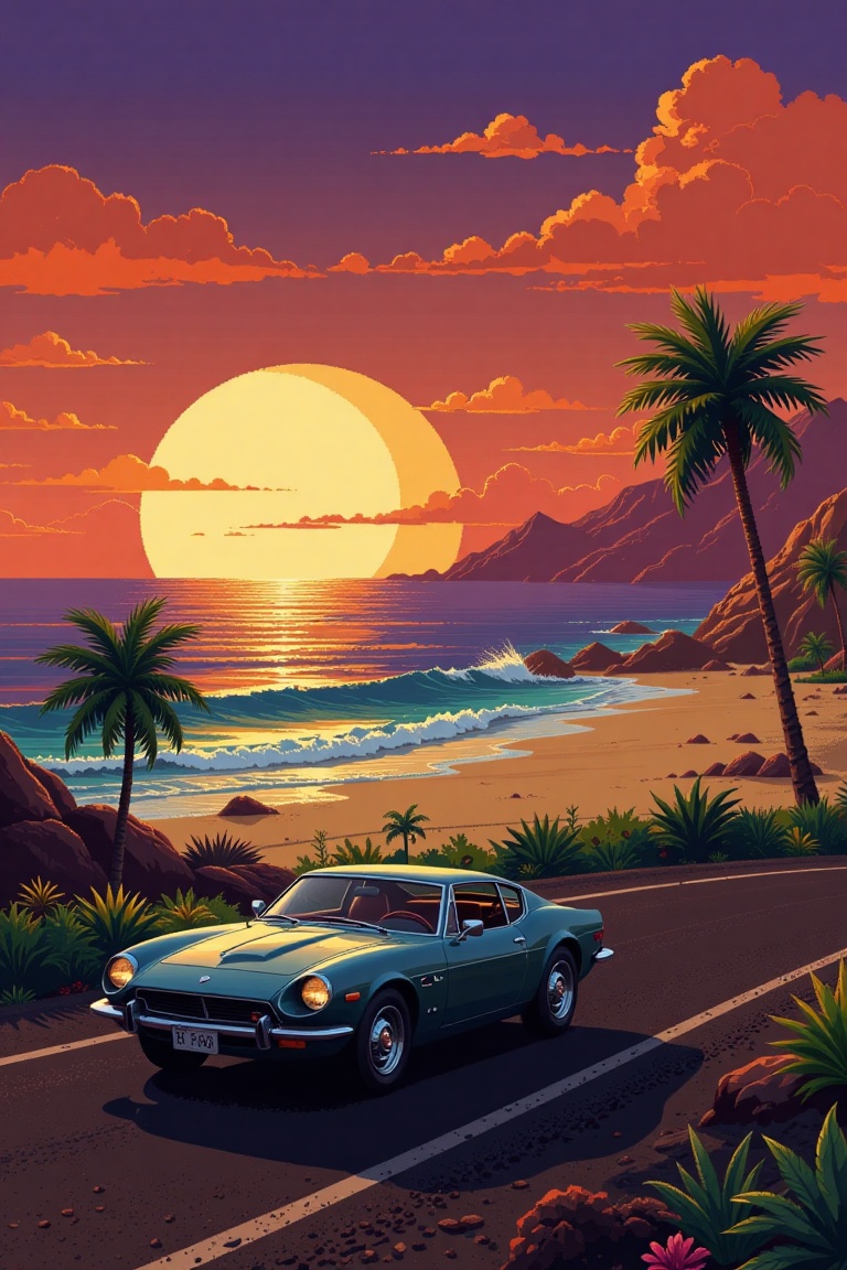 8bit,  pixel art,  carmoving on a road next to an exotic beach at sunset on Tensor.Art
