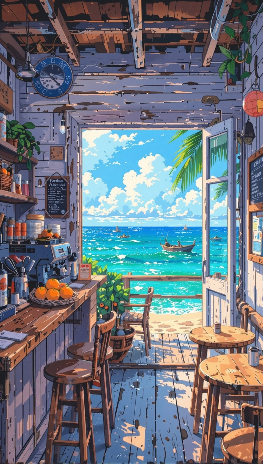 **Prompt:** "A beautifully illustrated seaside café with a rustic,  tropical ambiance. The café interior features weathere...