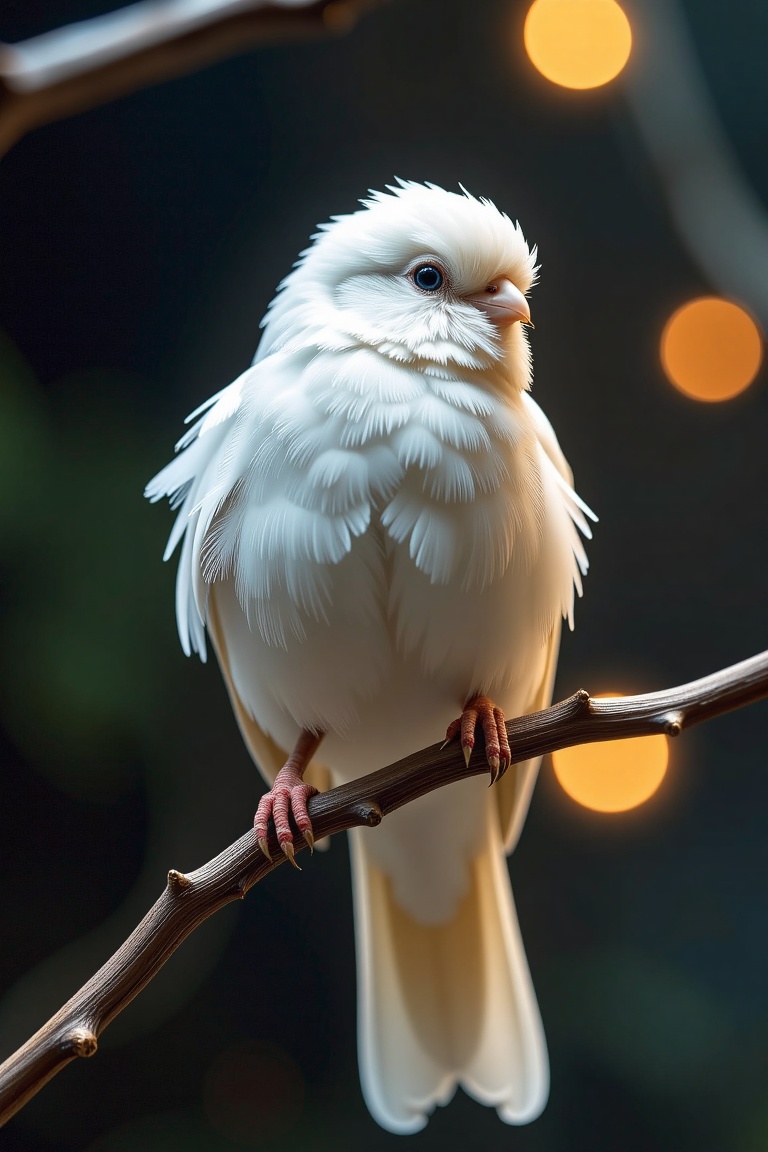 A hyper-realistic,  high-resolution depiction of a delicate,  ethereal white bird with soft silver feathers perched on a t...
