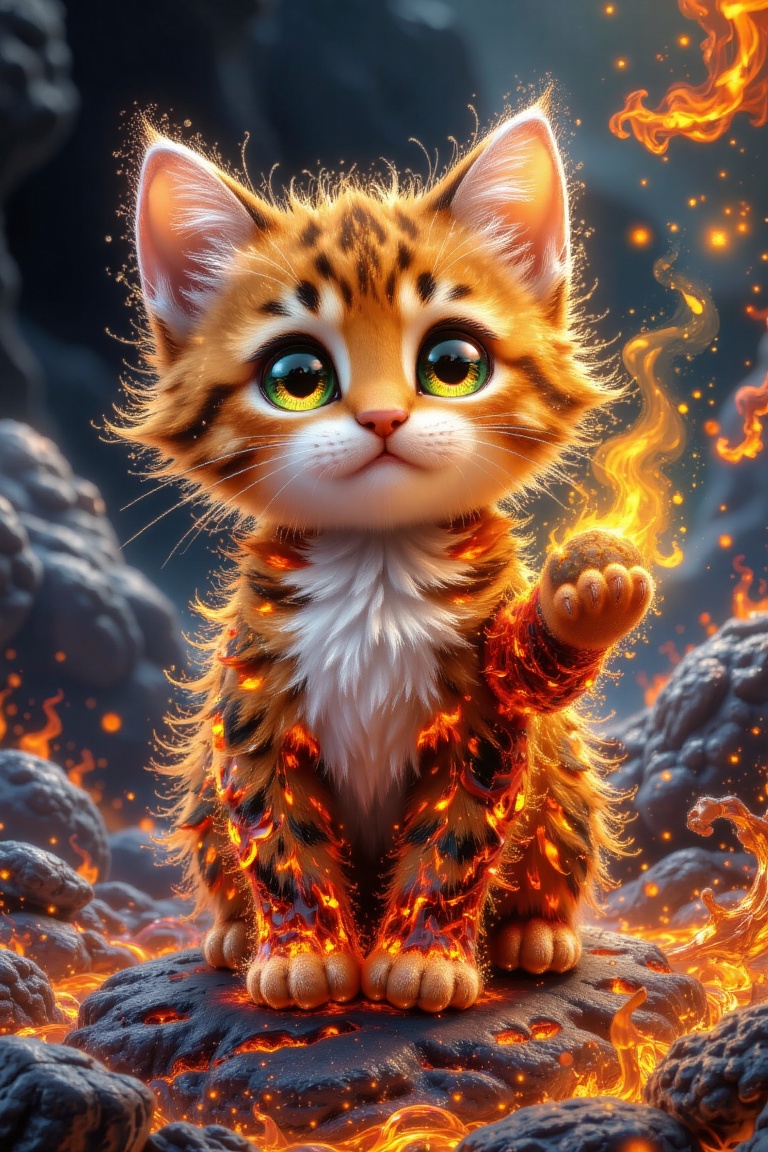 "Adorable kitten crafted from molten lava and swirling hot magma,  its fur a mesmerizing dance of fiery tendrils and glowi...