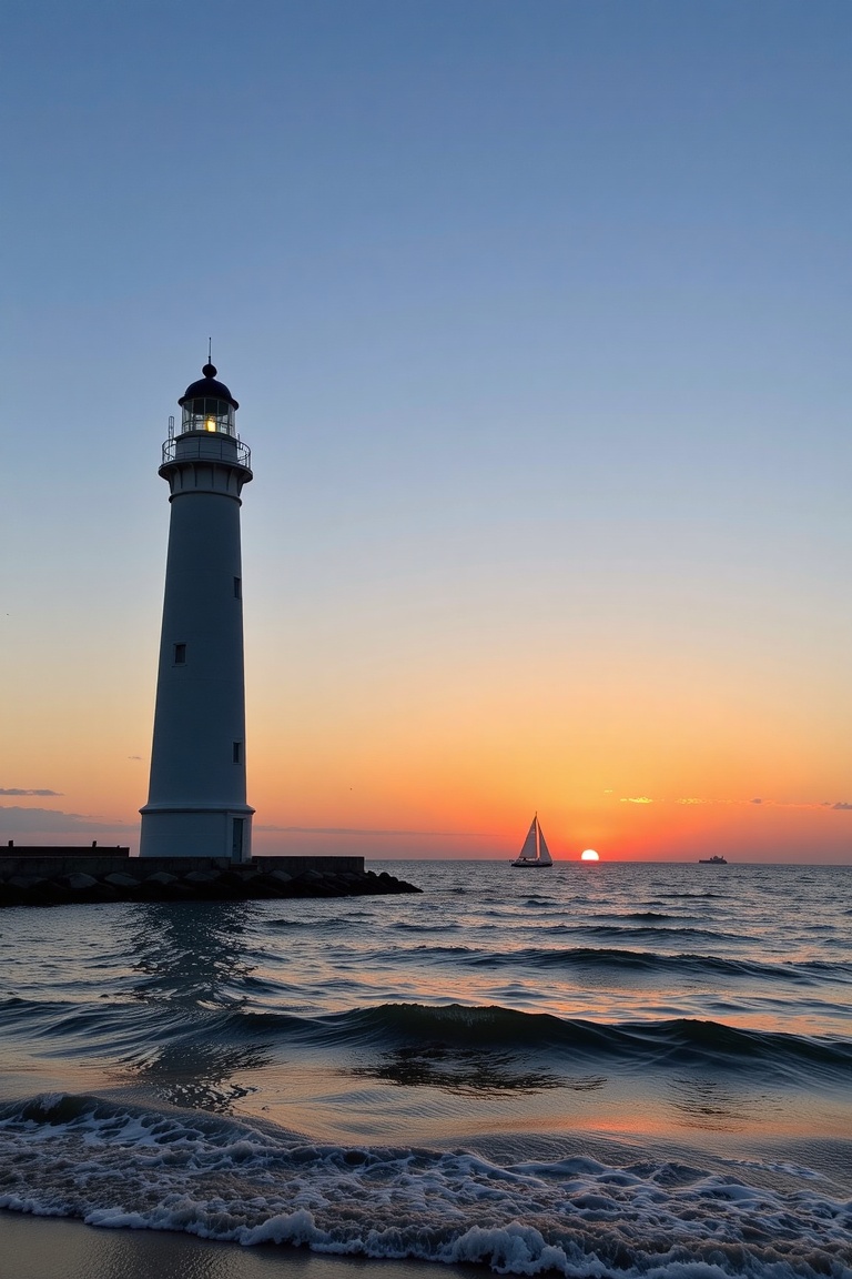 A tranquil lighthouse stands on a late summer evening,  with the sun setting on the horizon,  painting the sky in warm ora...