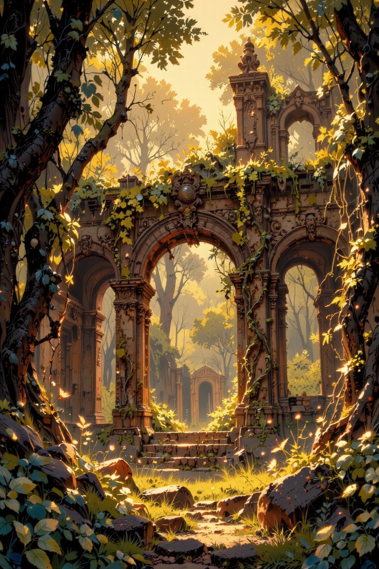 ultra-detailed cinematic illustration,  mystical overgrown ruins in a golden forest clearing,  glowing with warm sunlight...