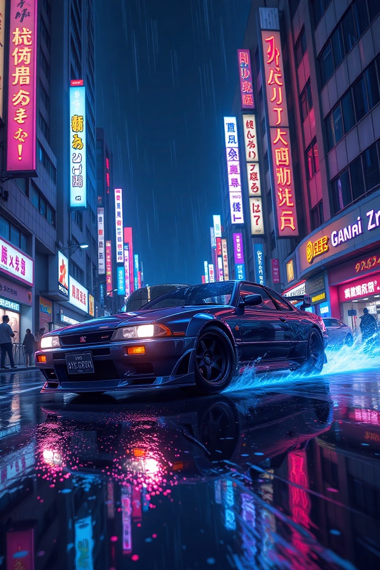 A sleek Datsun GT-R in neo-Tokyo,  rendered in anime style with vibrant cyberpunk aesthetics. The framing highlights the c...
