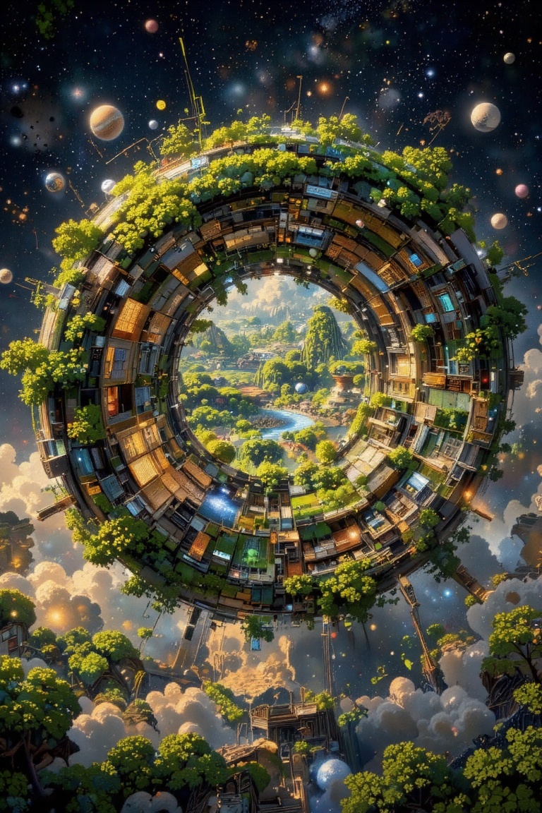 A breathtaking view of a futuristic space colony,  designed as a massive cylindrical structure floating in the cosmos. The...