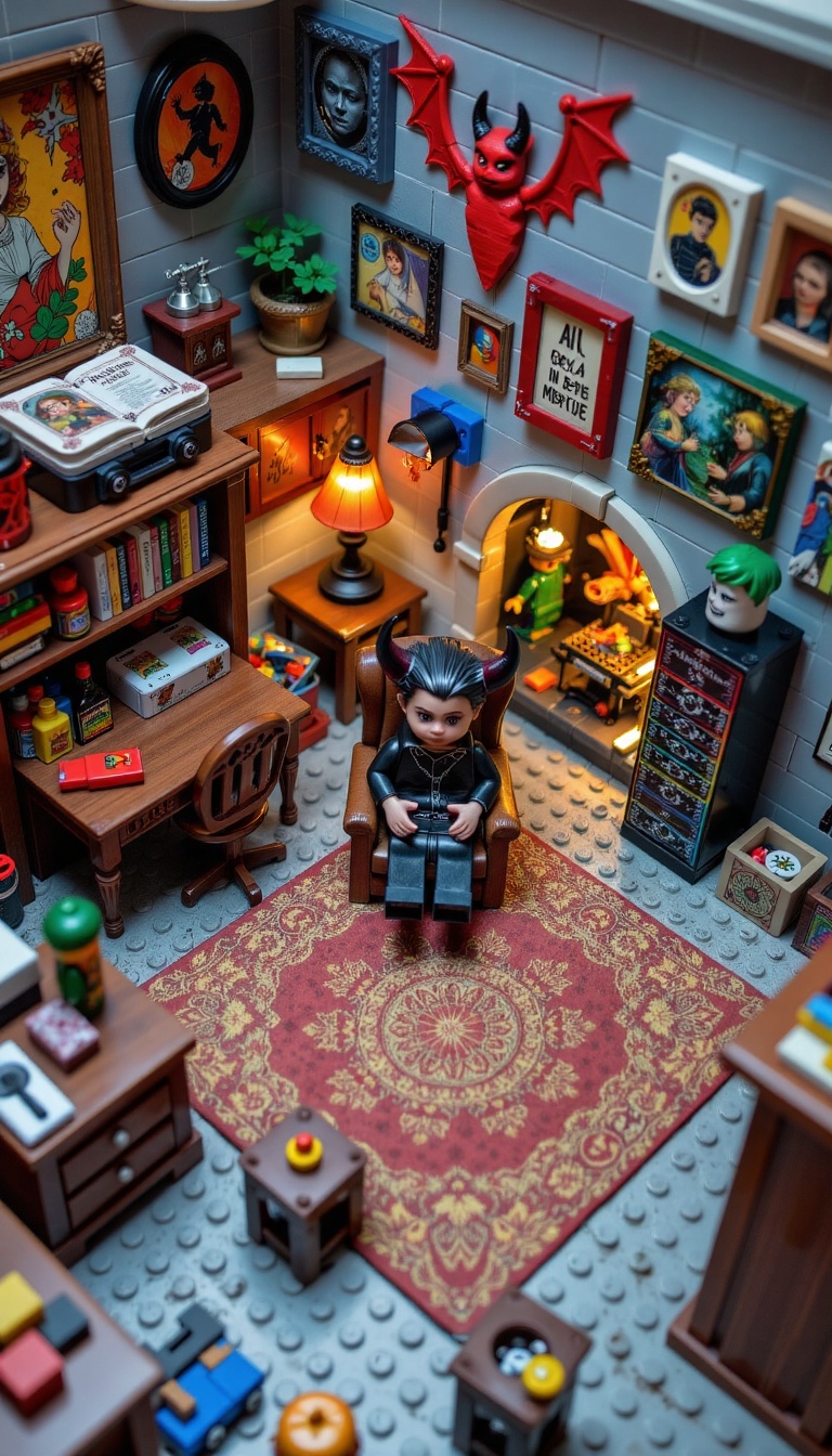 We see an isometric view of the Devil's detailed room with all sorts of devilish paraphernalia,  meticulously constructed...