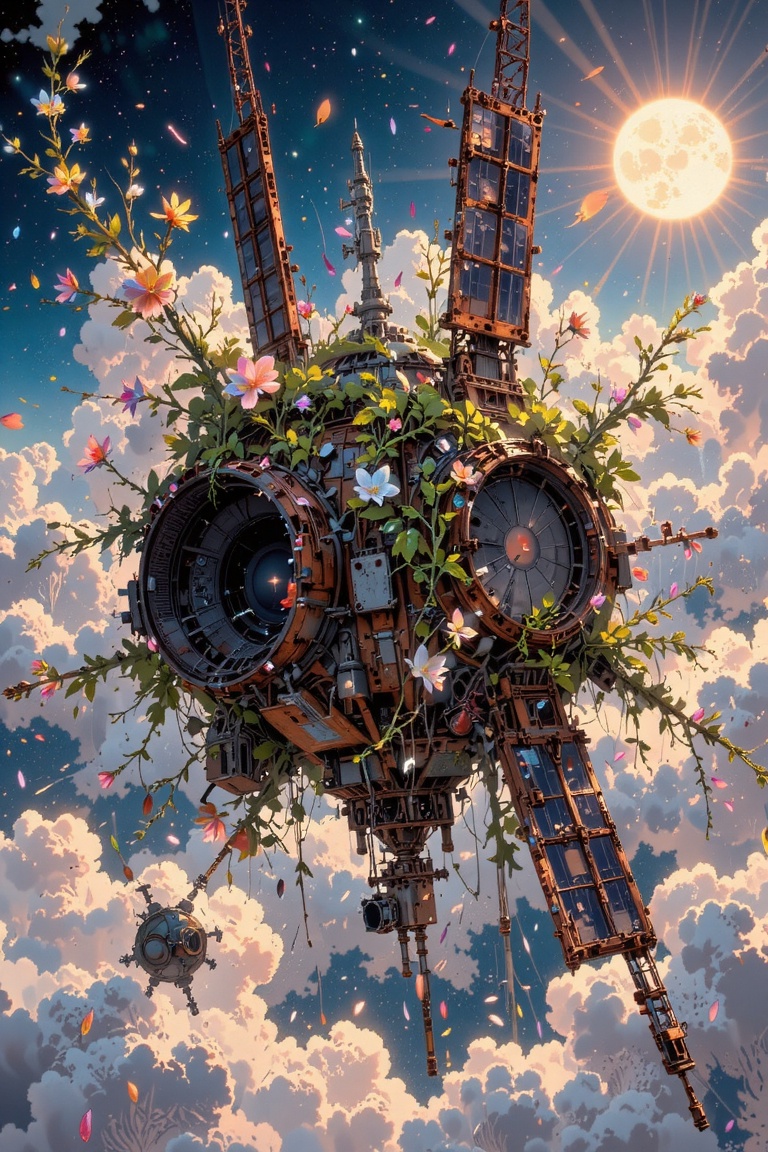 ultra-detailed cinematic illustration of an abandoned satellite graveyard floating in the upper atmosphere of a terraforme...