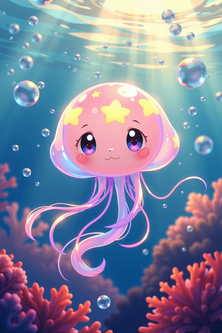A vibrant and whimsical anime-style scene featuring a jellyfish-like Pokémon,  floating gracefully in an underwater world....