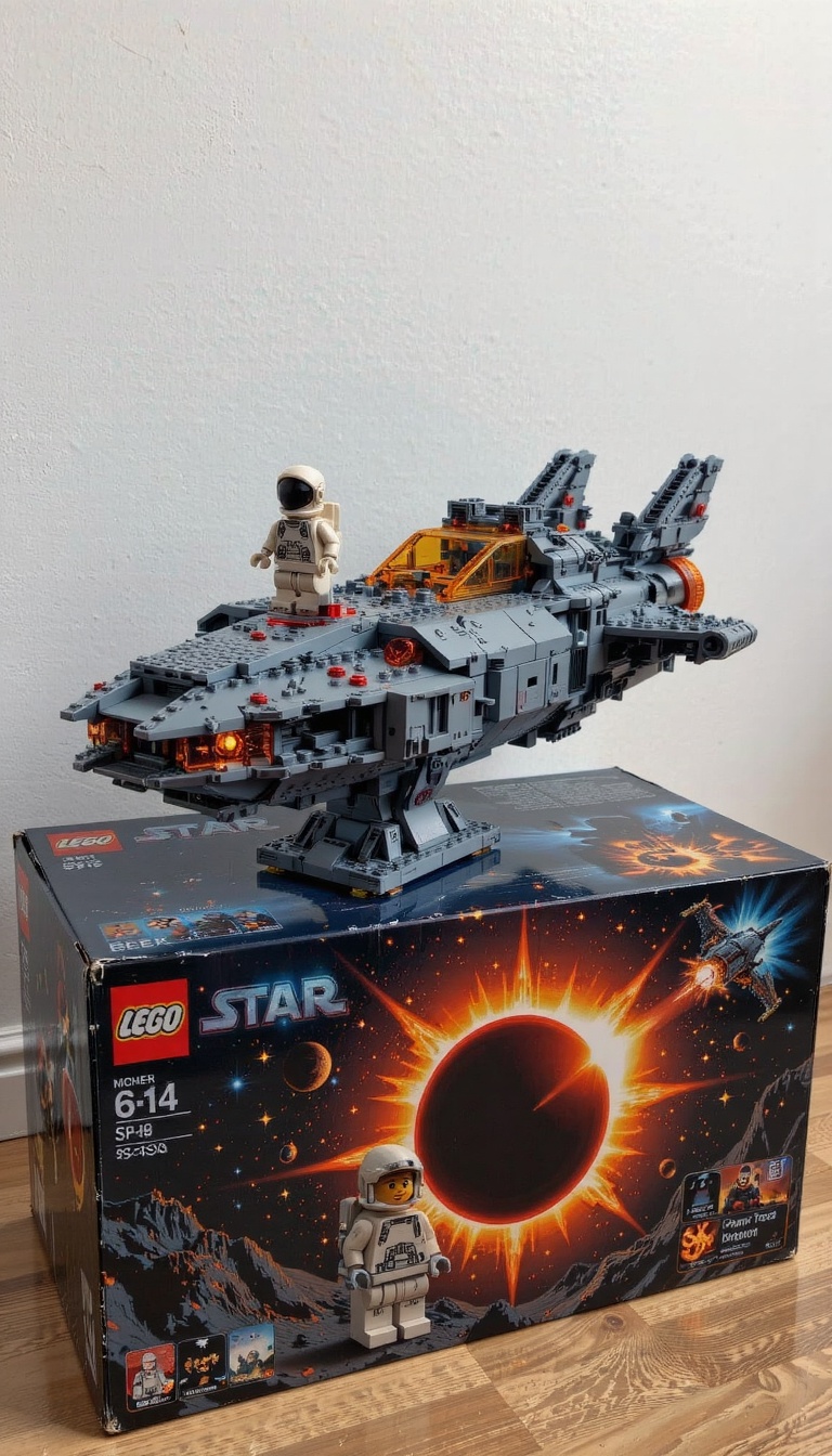 a modern high tech great Lego toy box on the a solar eclipse space ship themed. Really detailed and modern style space shi...