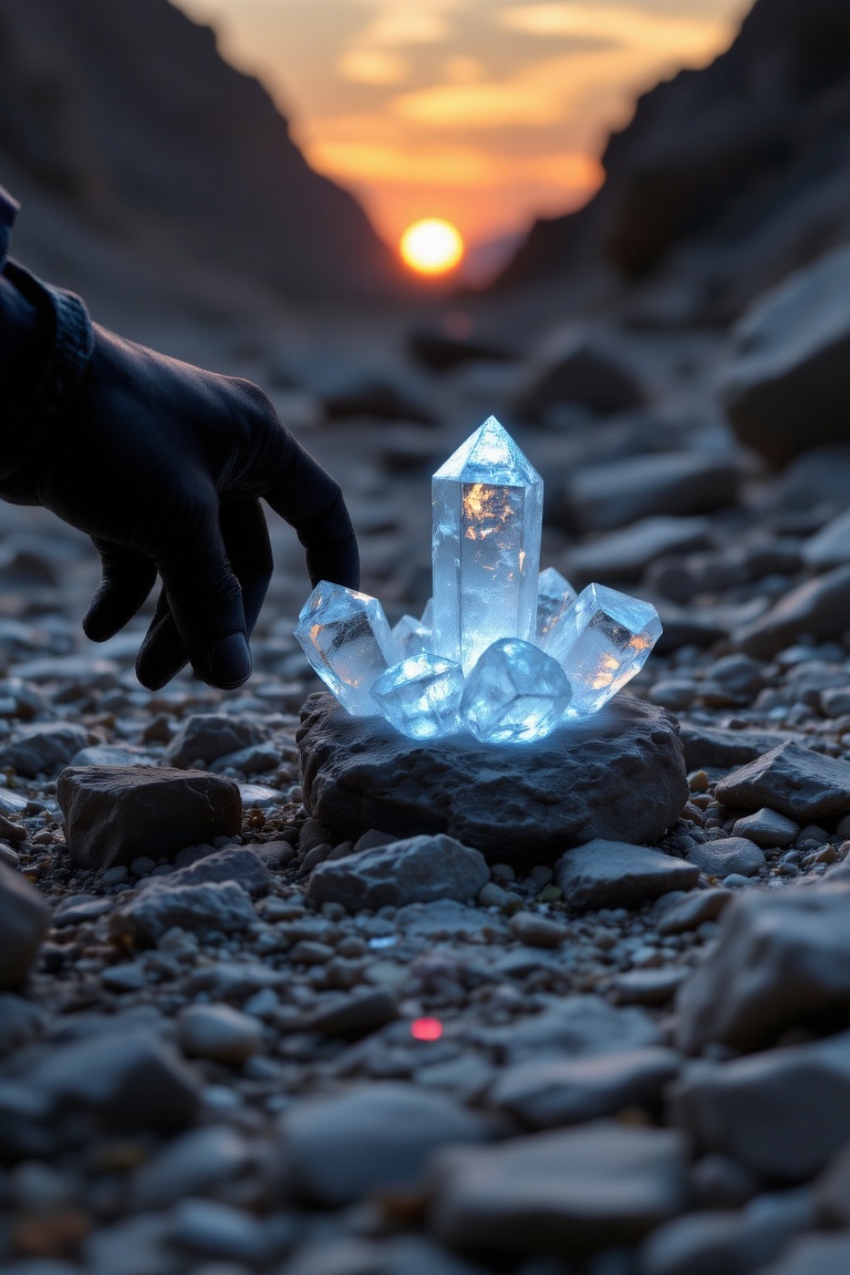 The image depicts a close-up view of a hand wearing a black glove reaching towards a cluster of glowing,  translucent crys...