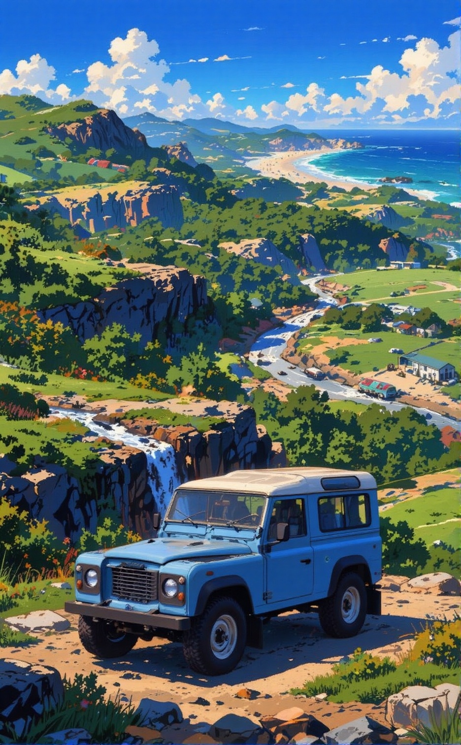 a vintage blue body and white roof land rover parked at greeny and rocky high ground,  below,  a beatiful valley with a wa...