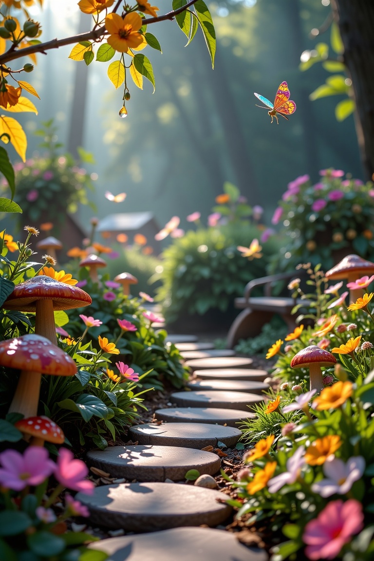 A whimsical fairy garden,  wide-angle shot with soft morning lighting. Sparkling dewdrops glisten on vibrant flowers and l...