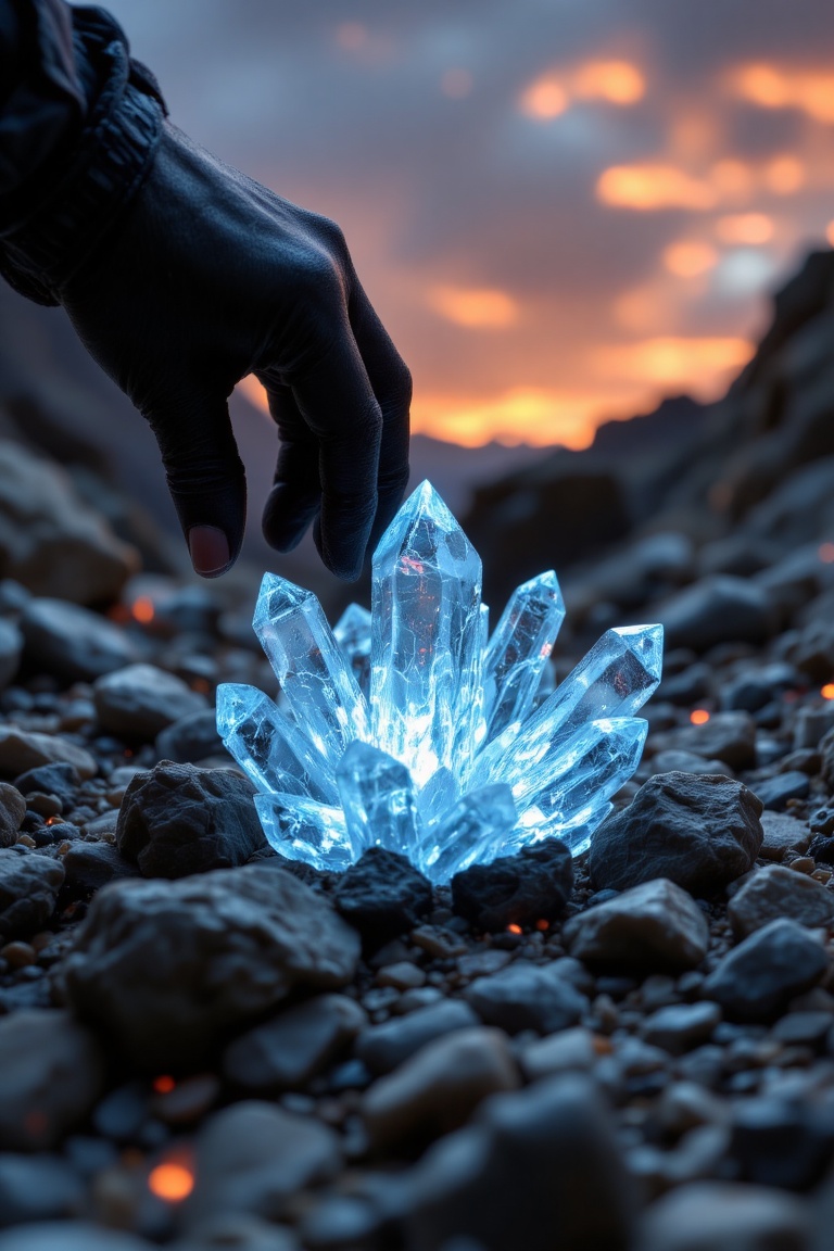 The image depicts a close-up view of a hand wearing a black glove reaching towards a cluster of glowing,  translucent crys...
