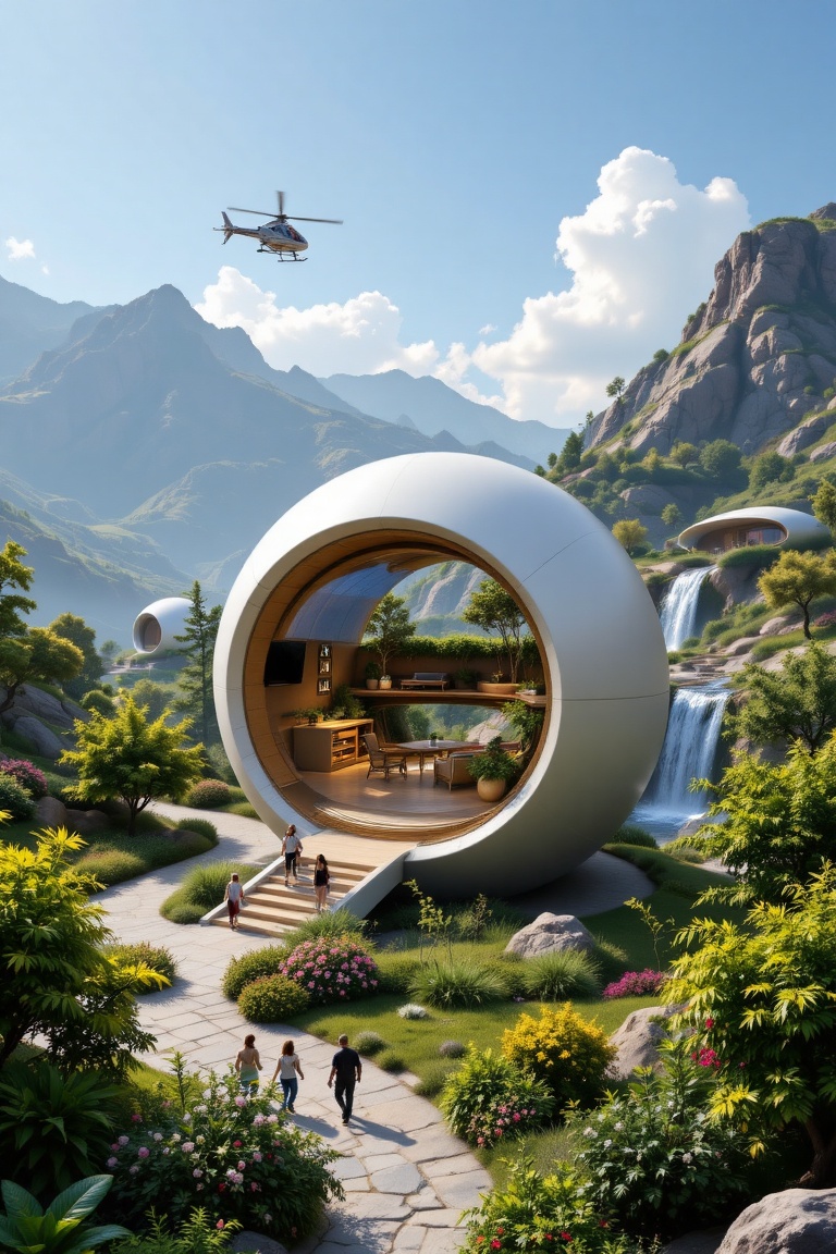 The image depicts a futuristic,  eco-friendly cityscape with a focus on sustainable living. In the foreground,  there is a...