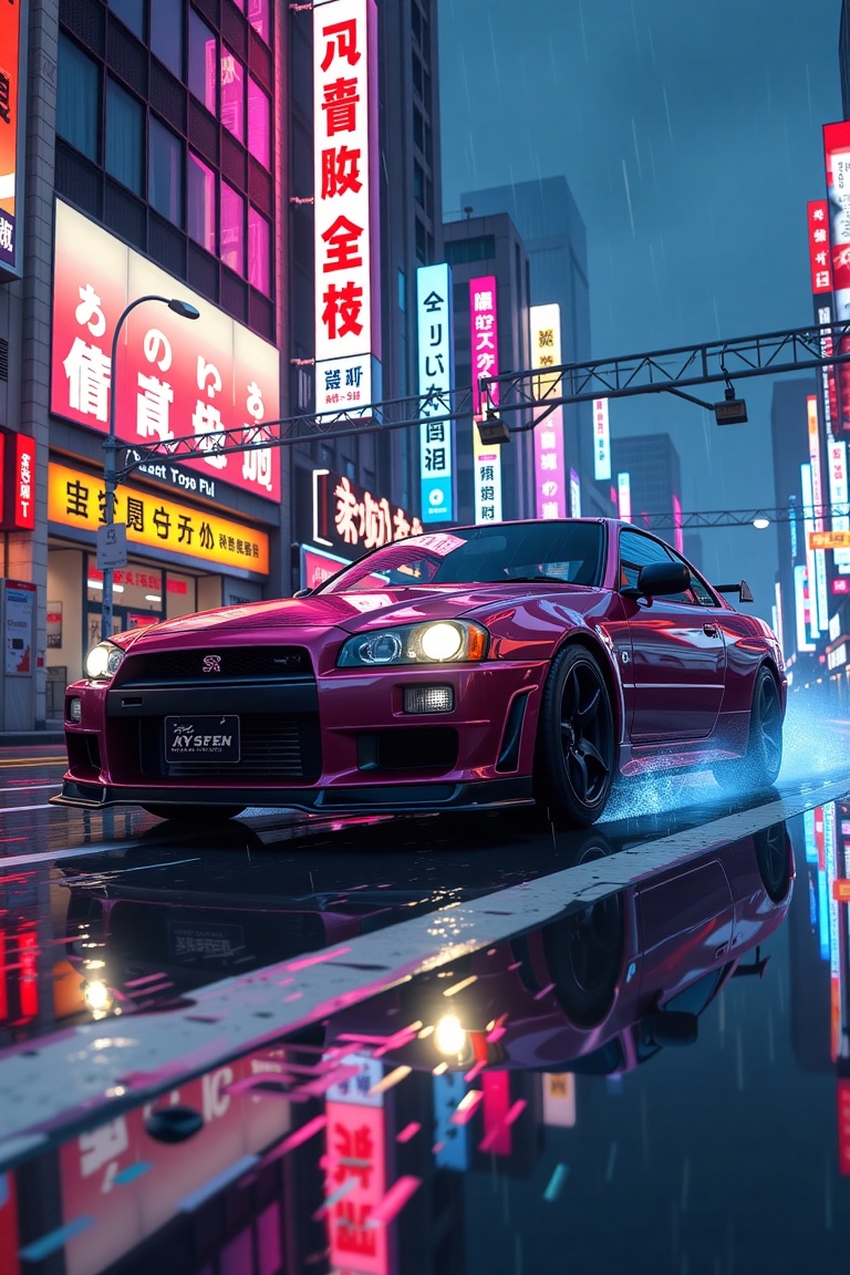 A sleek Datsun GT-R in neo-Tokyo,  rendered in anime style with vibrant cyberpunk aesthetics. The framing highlights the c...