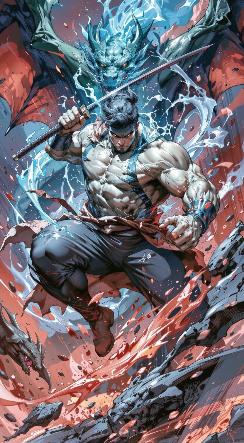 A male samurai leaping through the air. his katana drawn.ready to strike. A dragon soars in the background,  anime styles...