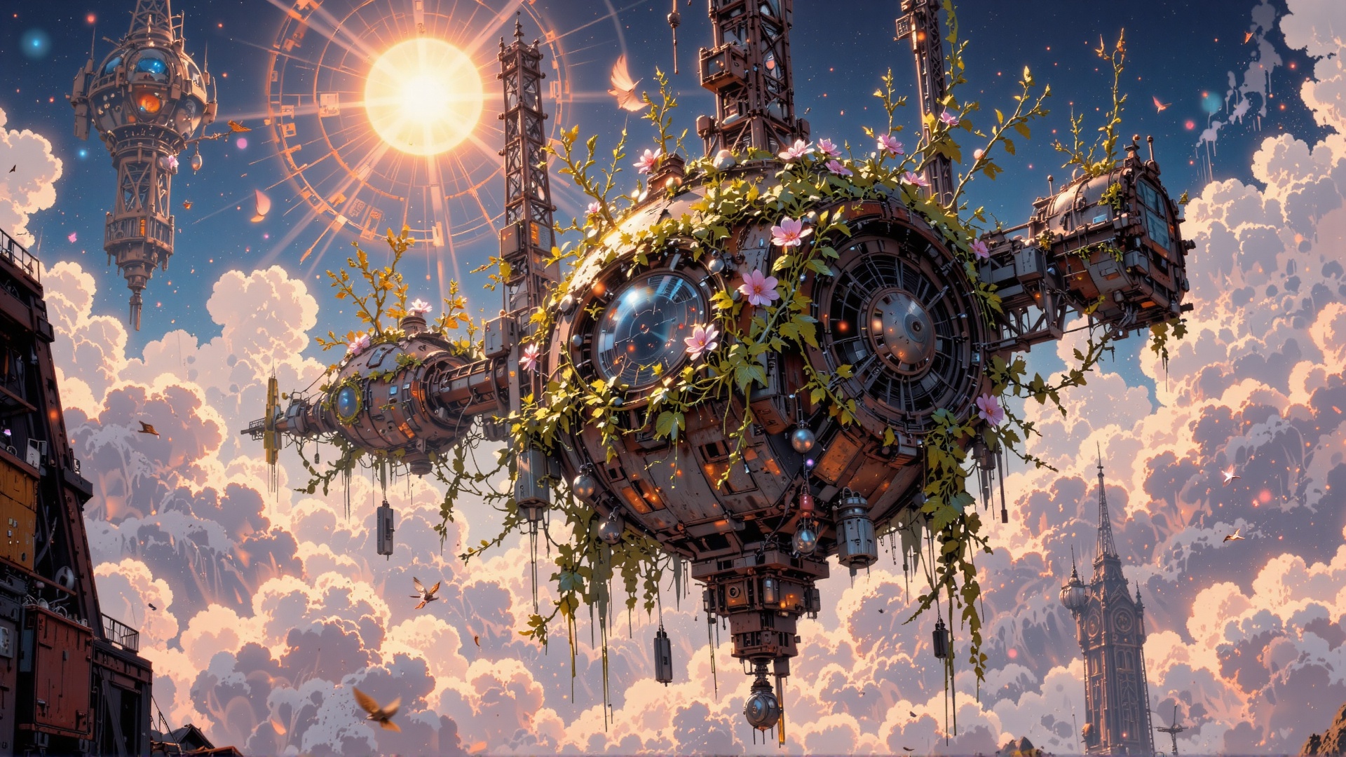 ultra-detailed cinematic illustration of an abandoned satellite graveyard floating in the upper atmosphere of a terraforme...