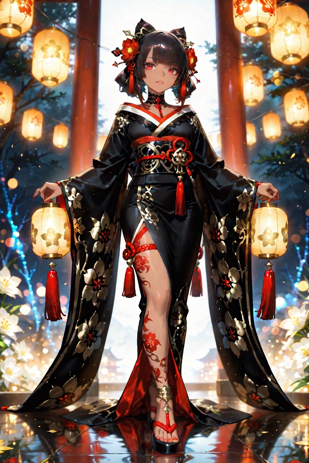 Beautiful dark haired girl in gorgeous black kimono with gold and white floral patterns and red and white trim,  ornate ha...