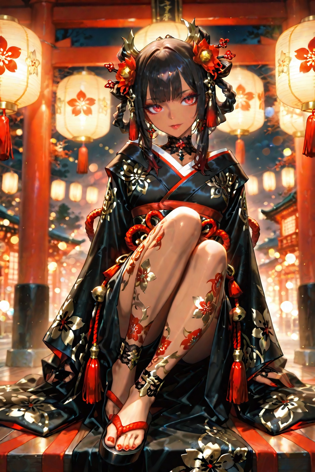 Beautiful dark haired girl in gorgeous black kimono with gold and white floral patterns and red and white trim,  ornate ha...