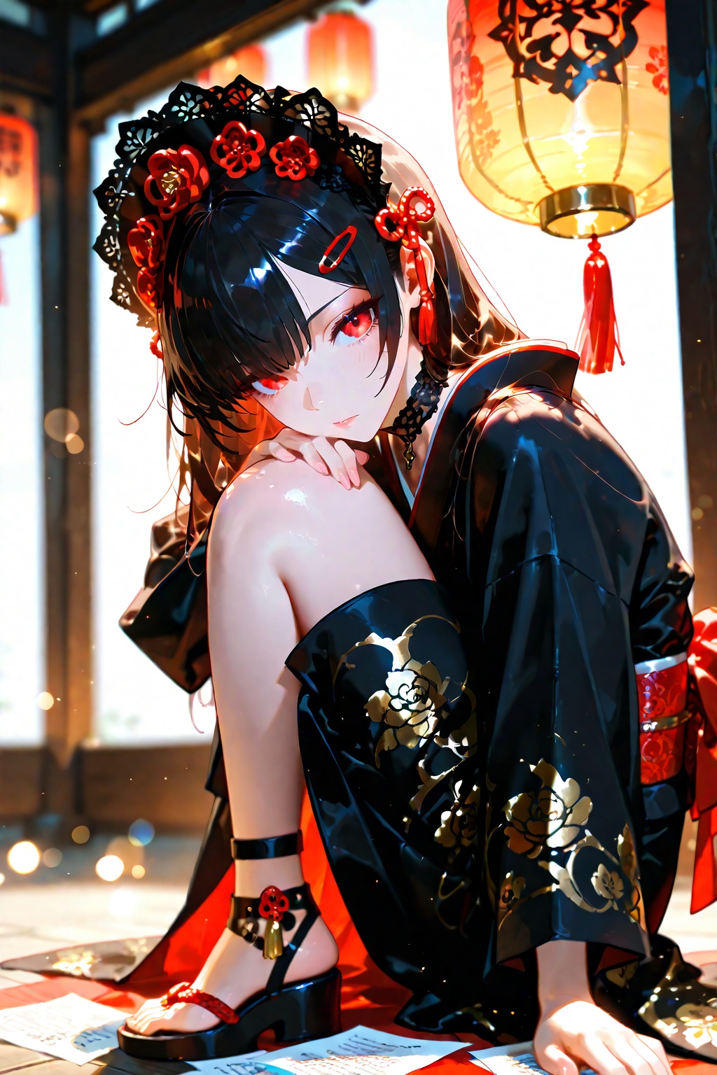 Beautiful dark haired girl in gorgeous black kimono with gold and white floral pattern,  red and white trim,  ornate headd...