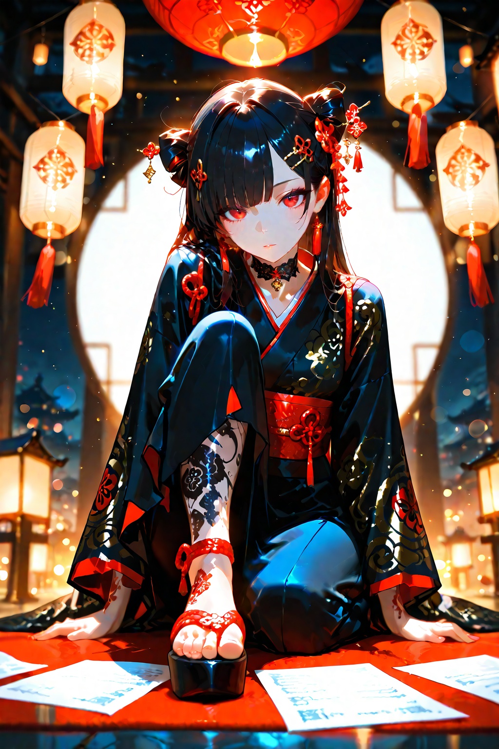 Beautiful dark haired girl in gorgeous black kimono with gold and white Japanese patterns,  red and white trim,  ornate ha...