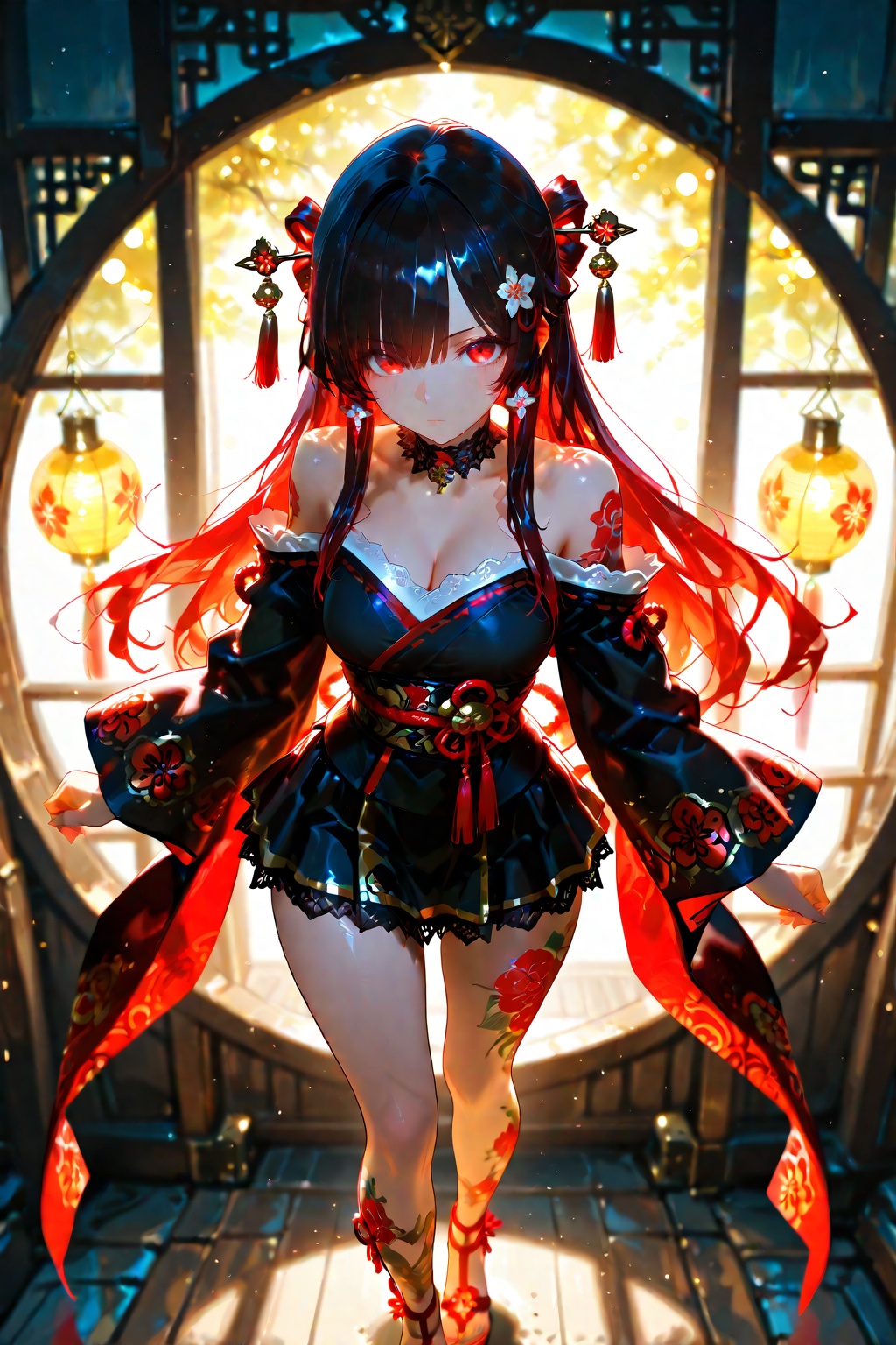 Beautiful girl with gorgeous dark hair decorated with gold and white Japanese patterns. Red and white trim,  gorgeous hair...