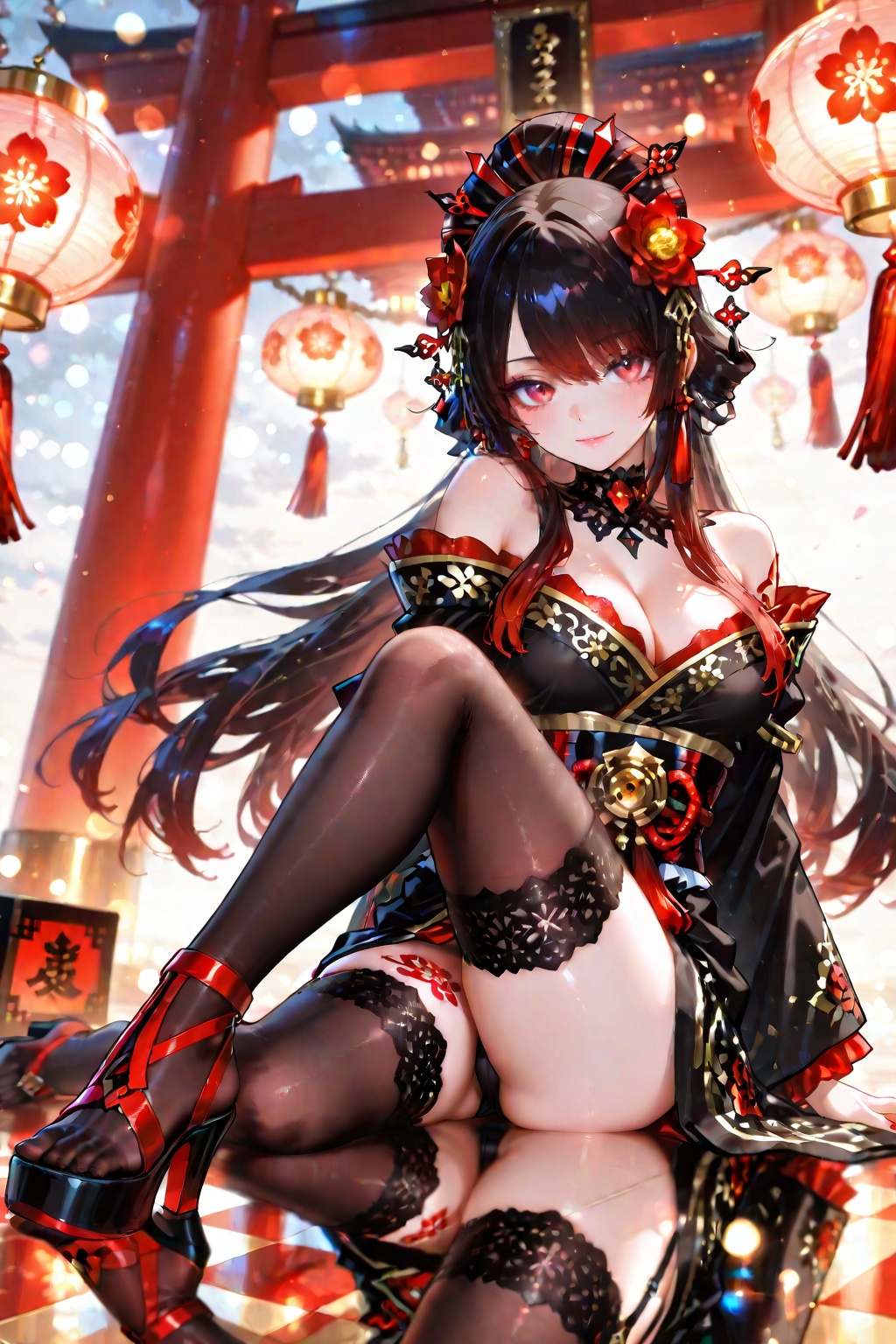 A beautiful dark-haired girl in a gorgeous black kimono decorated with gold and white floral patterns and red accents. Orn...