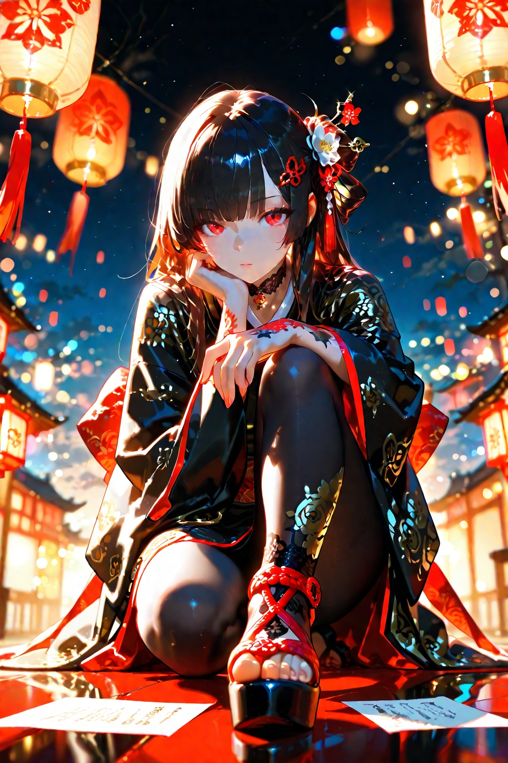 Beautiful dark haired girl in gorgeous black kimono with gold and white Japanese patterns,  red and white trim,  ornate ha...