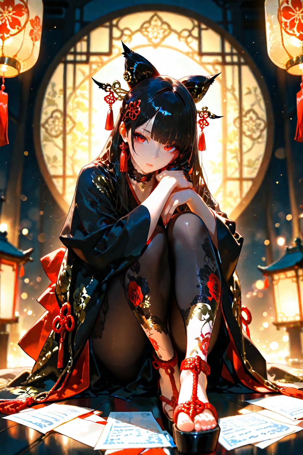 Beautiful dark haired girl in gorgeous black kimono with gold and white floral patterns and red and white trim,  ornate ha...
